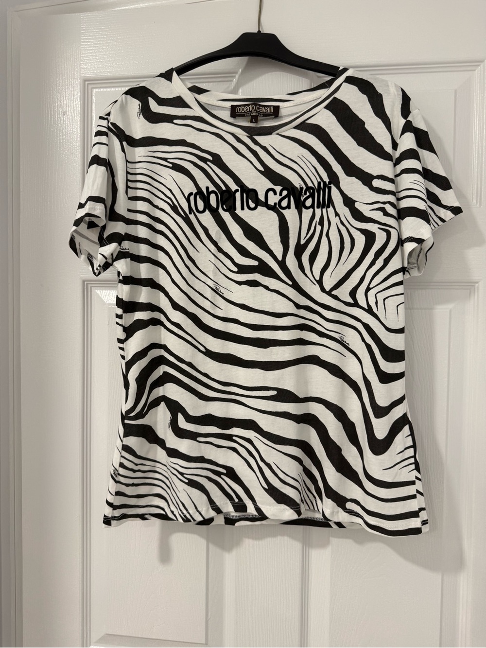 Roberto Cavalli Black & White Zebra-Stripe Logo Tee New